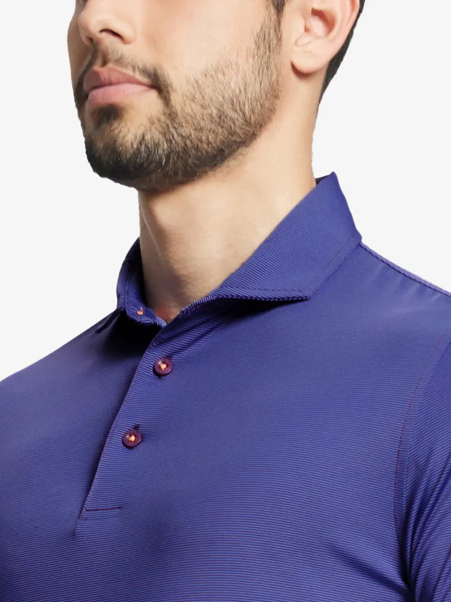 PLUM BLUE STRIPE STRIPE Pinstripe Jersey Performance Polo front view from nose to chest								
