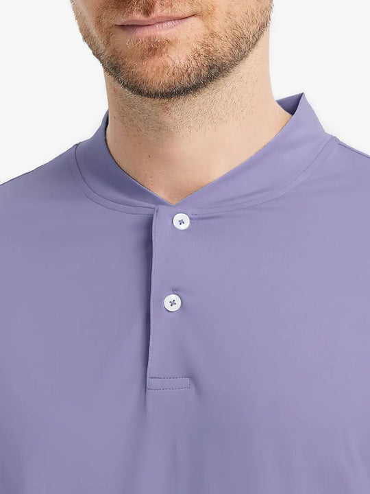 Front view from nose to chest wearing Everyday Collarless Jersey Shirt in LAVENDER.