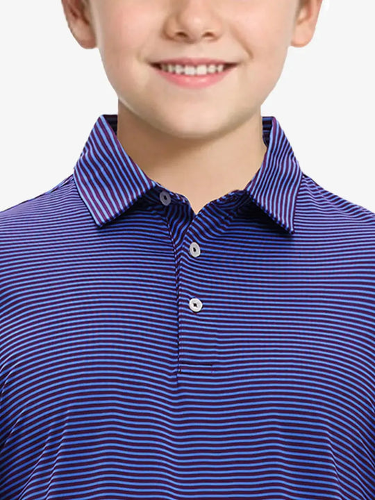 MAELREG Youth Cooling Polo – front upper-body close-up in Plum Blue Stripe
