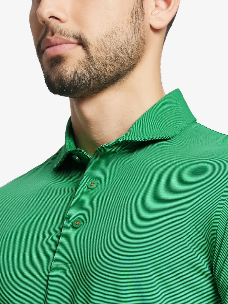 GREEN STRIPE Pinstripe Jersey Performance Polo front view from nose to chest								
