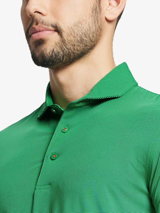 GREEN STRIPE Pinstripe Jersey Performance Polo front view from nose to chest								
