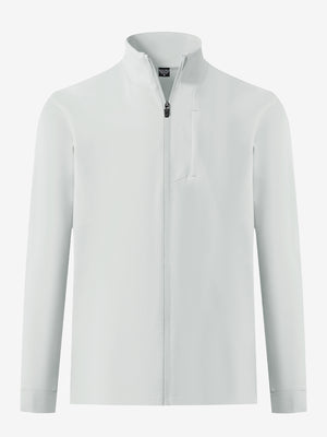 Water-resistant zip up golf jacket in silver grey, clean 3D front view highlighting sleek design.