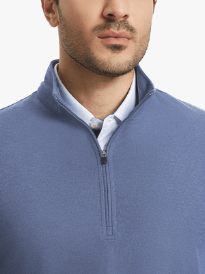 Upper section detail of Premium jacquard quarter zip pullover highlighting colony blue pattern
