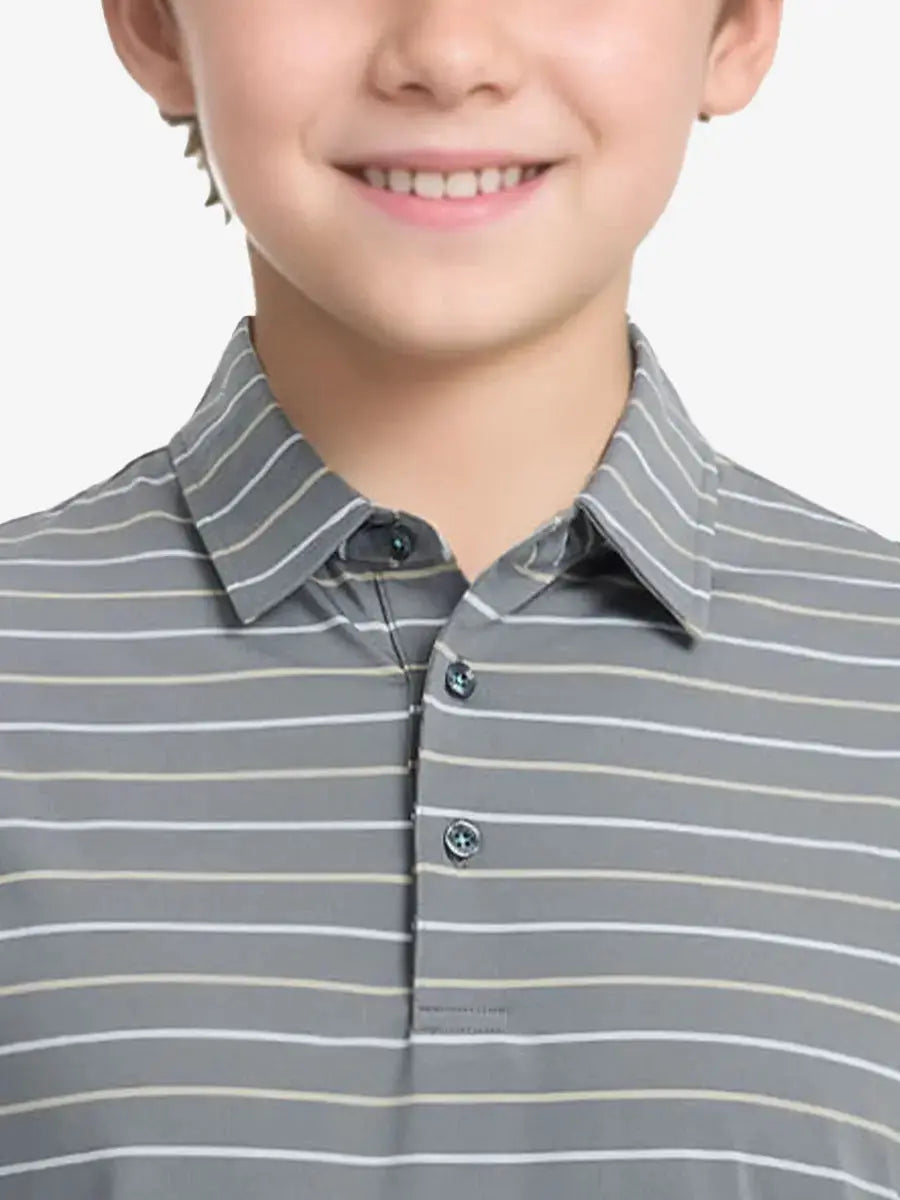 Front half-body view from nose to chest of child wearing NEUTRAL STRIPE Kids Stylish Stripe Polo Shirt.