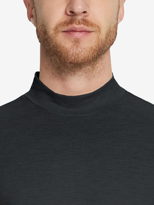 Close-up collar view from nose to chest, showing fine fabric texture of the Black turtleneck.