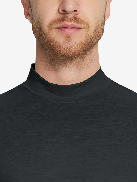 Close-up collar view from nose to chest, showing fine fabric texture of the Black turtleneck.