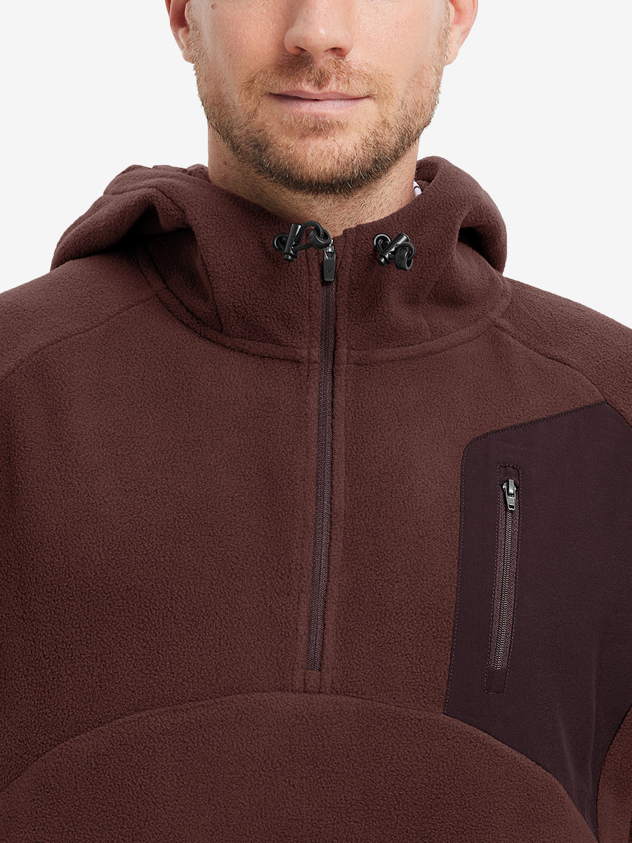 Collar detail from nose to chest, showing texture and zipper finish of the Wine Red fleece top.