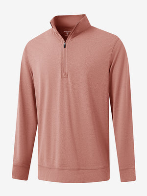 Front 3D image of quarter zip melange pullover in brick melange, showing texture and details.