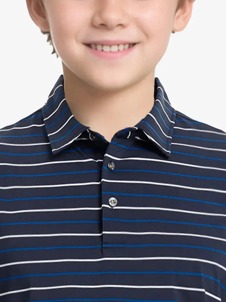 Front half-body view from nose to chest of child wearing NAVY STRIPE Kids Stylish Stripe Polo Shirt.