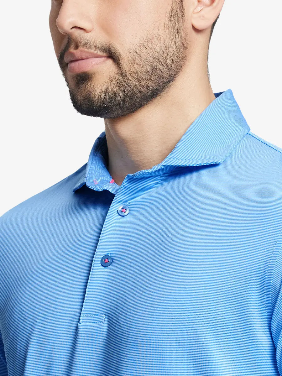 SKY BLUE STRIPE Pinstripe Jersey Performance Polo front view from nose to chest								
