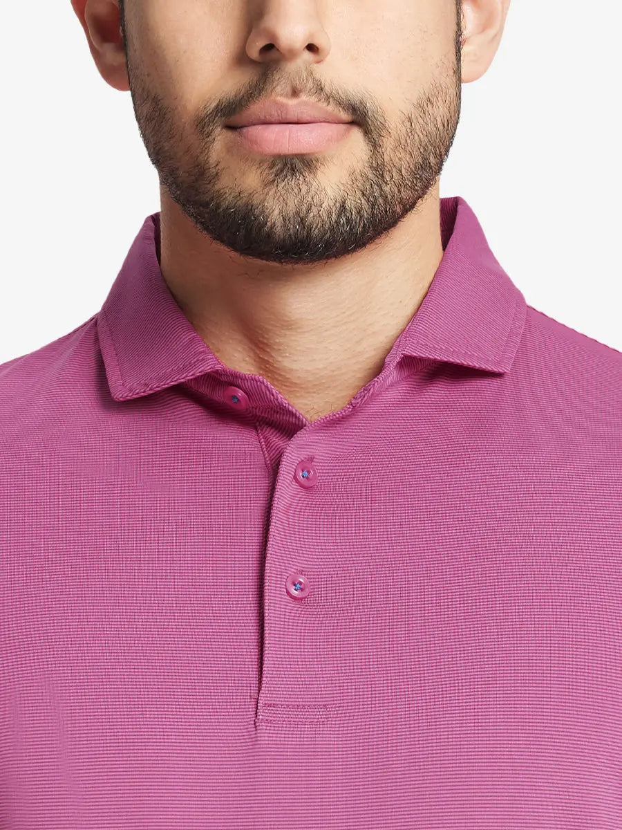 ROSE STRIPE STRIPE Pinstripe Jersey Performance Polo front view from nose to chest								
