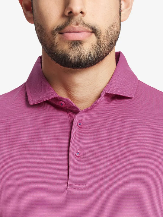 ROSE STRIPE STRIPE Pinstripe Jersey Performance Polo front view from nose to chest								
