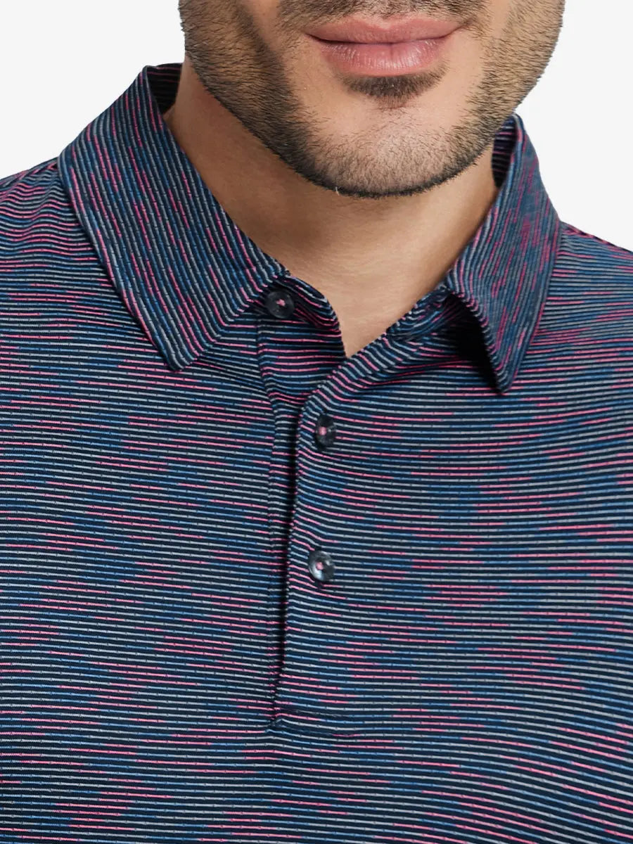 Front half-body view from nose to chest of model wearing SPACE DYE STRIPE Performance Yarn Dye Striped Polo