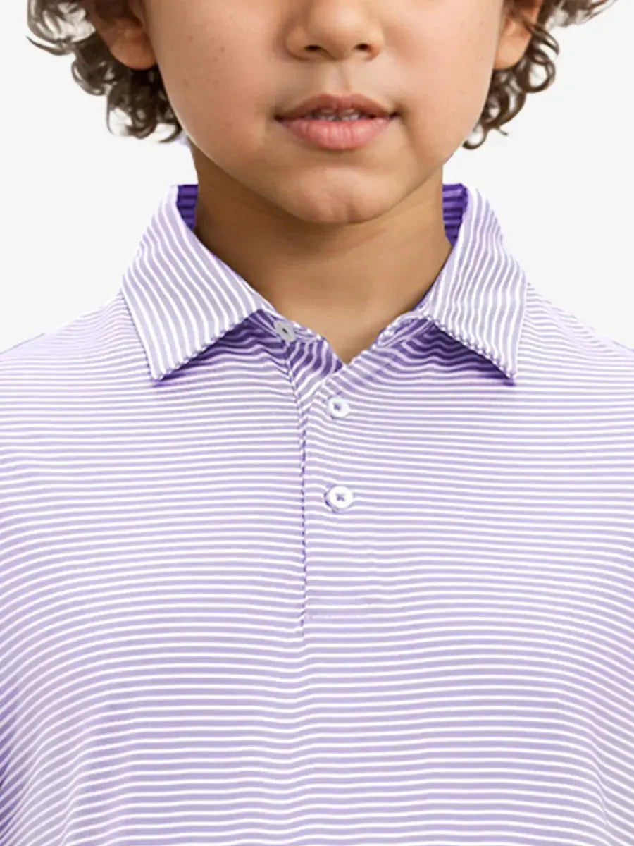 MAELREG Youth Cooling Polo – front upper-body close-up in Lavender White Stripe
