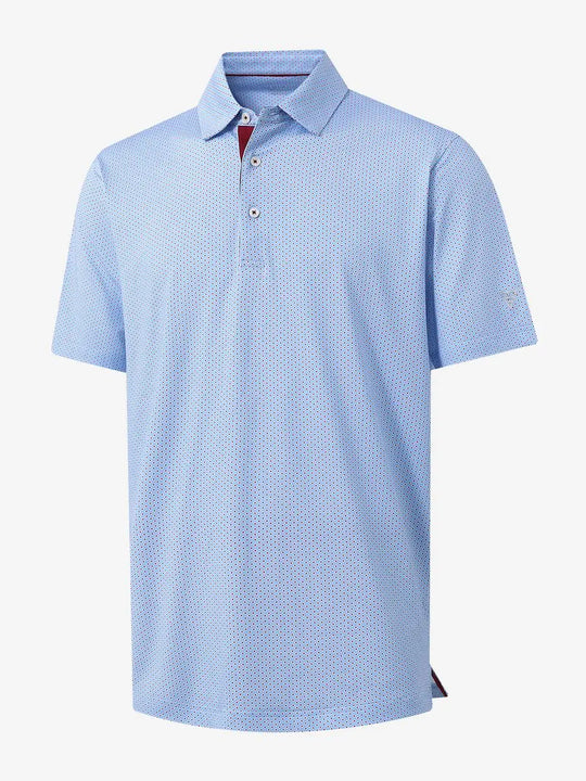 3D view of MAELREG Performance Jersey Print Polo in Blue Red Diamond – breathable golf fabric