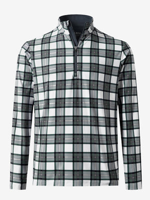 Front 3D view of Full print lightweight quarter zip pullover in retro grey plaid with vivid pattern