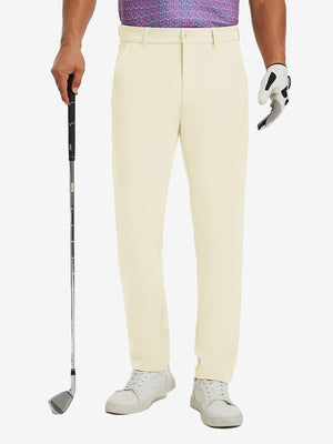 Water-resistant golf stretch nylon pants in beige, front lower-body view showing clean athletic fit.