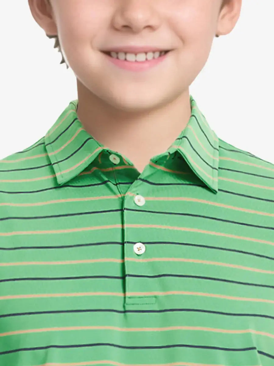 Front half-body view from nose to chest of child wearing GREEN STRIPE Kids Stylish Stripe Polo Shirt.