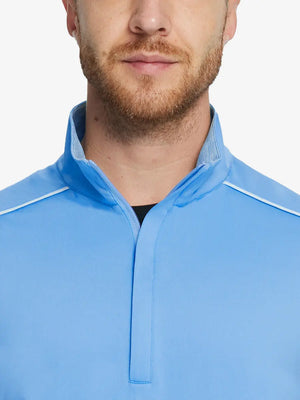 Front half-body view from nose down of model wearing SKY BLUE Stretch Solid Fleece Quarter-Zip Vest.								
