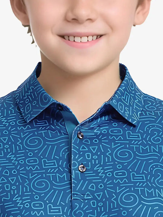 Close-up front view from nose to chest of boy wearing BLUE GRAFFITI Performance Print Boys Golf Polo