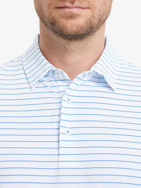 Front view from nose to chest in WHITE/LIGHT BLUE STRIPE Popular Yarn Dyed Stripe Polo