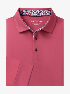 Folded view of CRANBERRY Long Sleeve Solid Jersey Polo showing fabric texture and neat folds