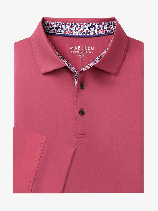 Folded view of CRANBERRY Long Sleeve Solid Jersey Polo showing fabric texture and neat folds