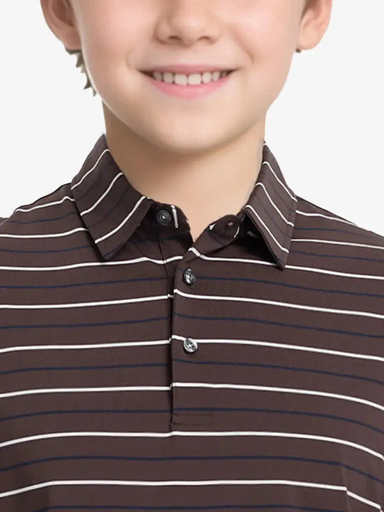Front half-body view from nose to chest of child wearing BROWN STRIPE Kids Stylish Stripe Polo Shirt.