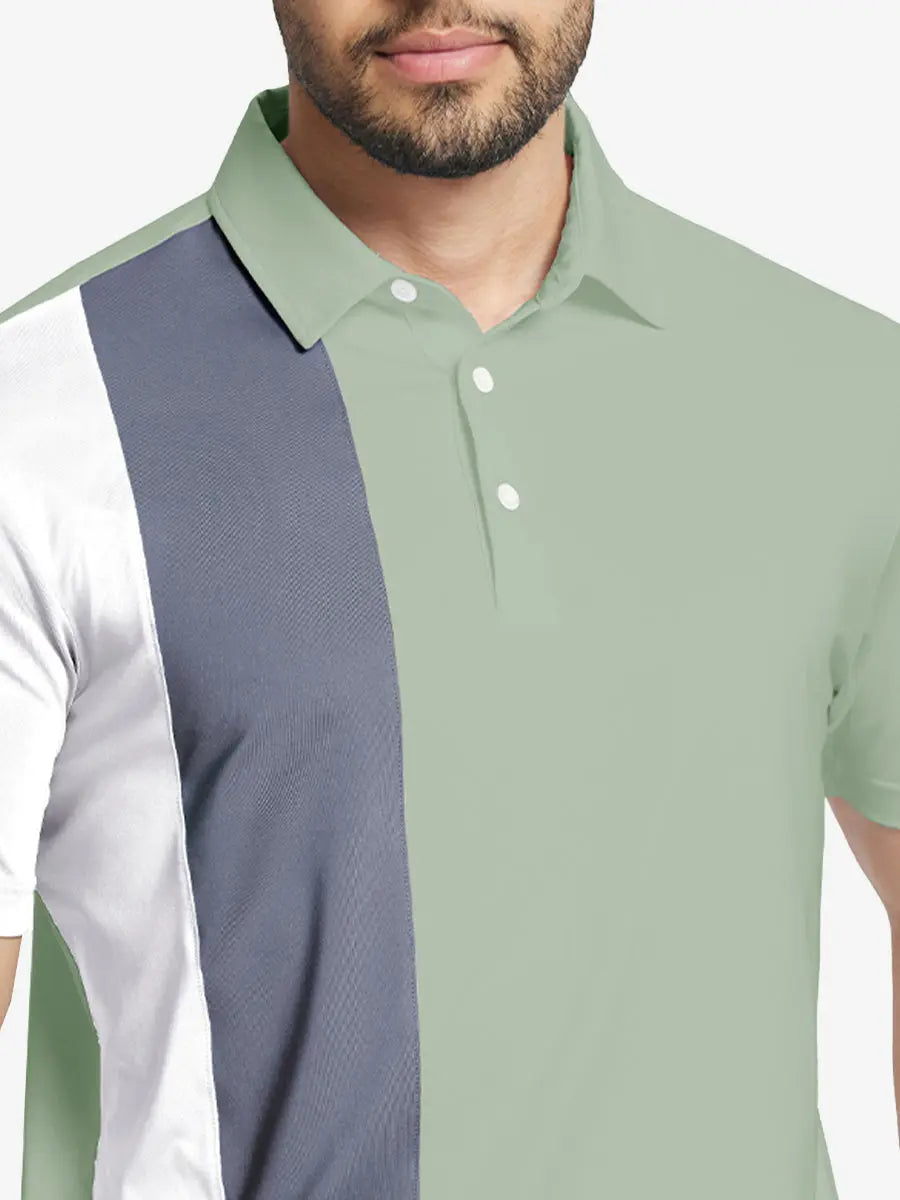Front half-body view from nose to chest of model wearing CANARY GREEN Moisture Wicking Color Block Polo Shirt.