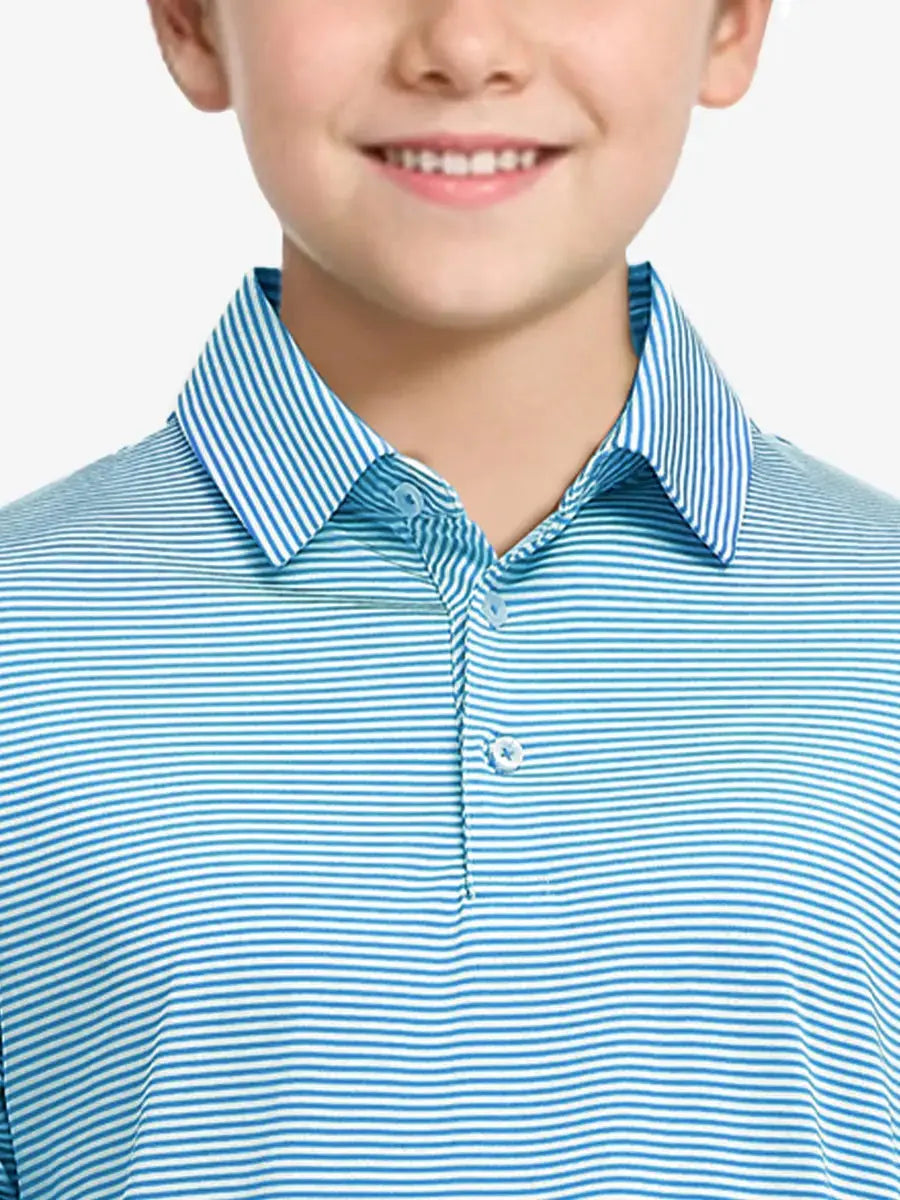 MAELREG Youth Cooling Polo – front upper-body close-up in Sky Blue Stripe