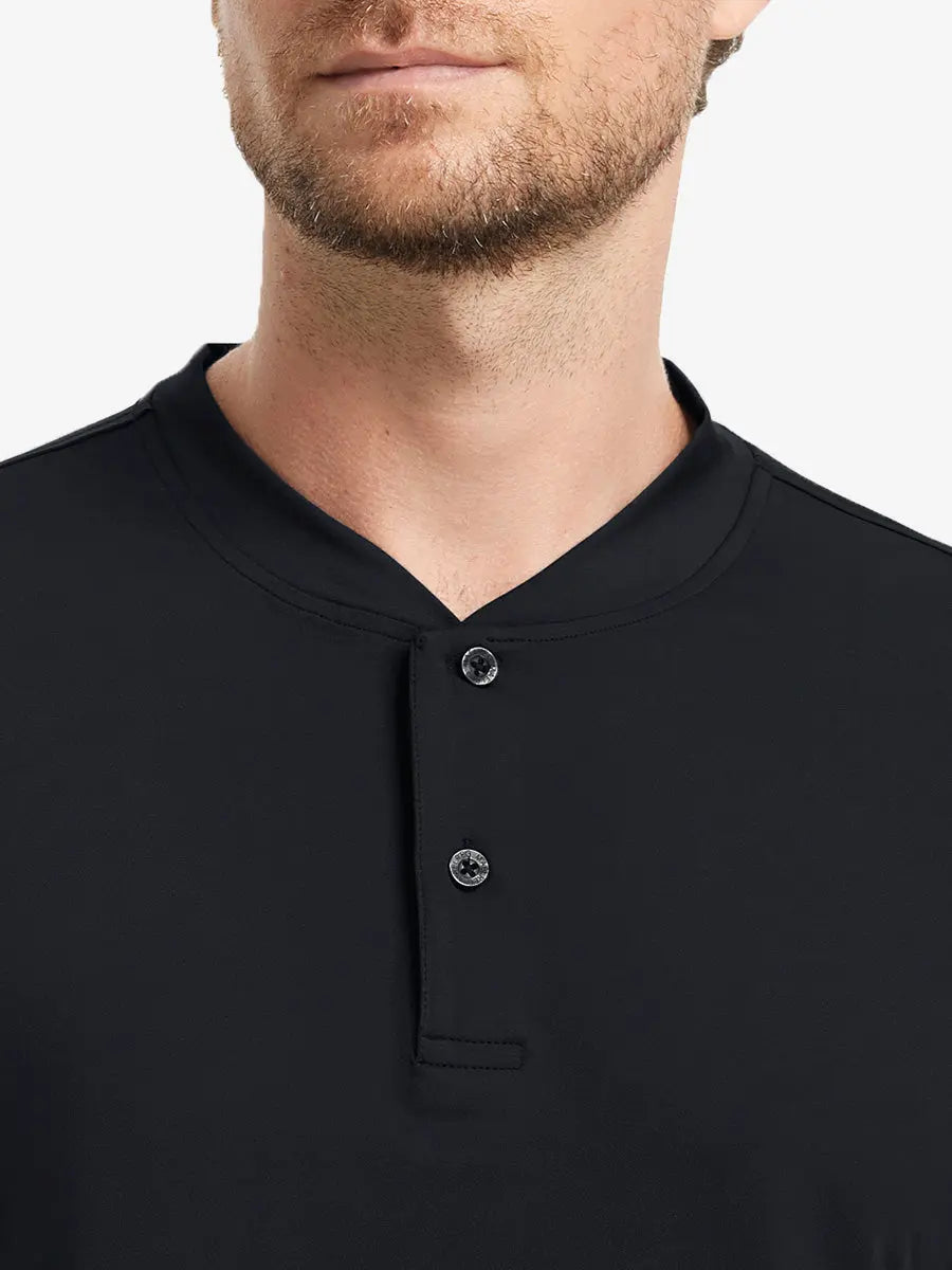 Front view from nose to chest wearing Everyday Collarless Jersey Shirt in Black.