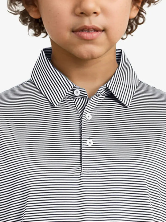 MAELREG Youth Cooling Polo – front upper-body close-up in Navy Stripe
