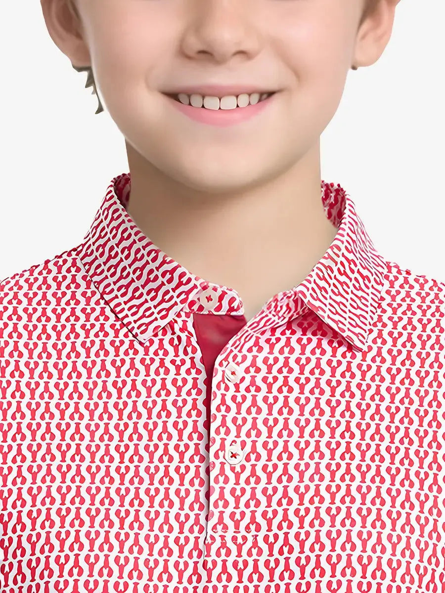Front chest view of RED LOBSTER Performance Print Boys Golf Polo featuring bold lobster print