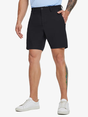 Front lower-body view of model wearing BLACK Water Resistant Versatile 8 Pockets Shorts.