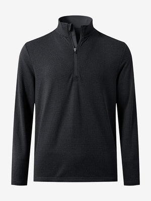Front 3D view of casual fleece lined quarter zip pullover in black, showing clean athletic fit.