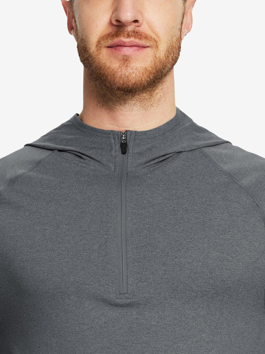 Close-up of collar detail from nose to chest, highlighting fabric and stitching of Black Grey Heather hoodie.