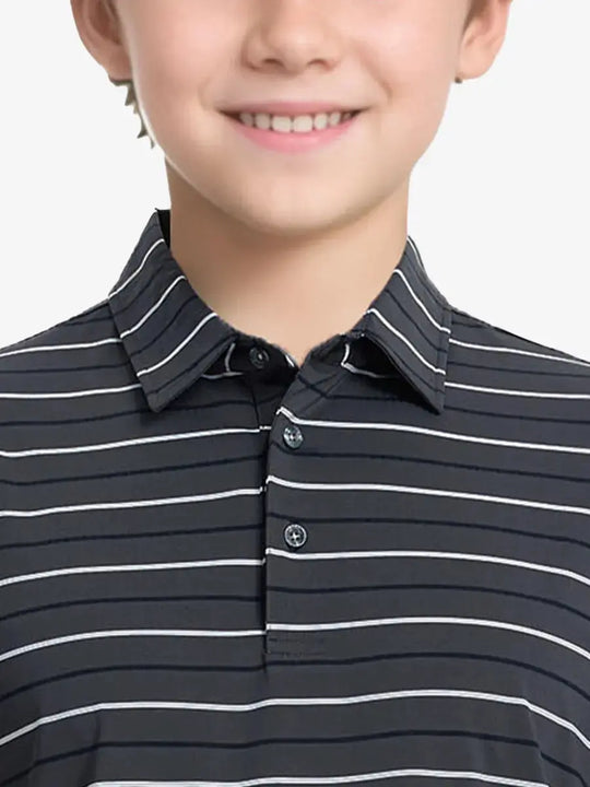 Front half-body view from nose to chest of child wearing DARK GREY STRIPE Kids Stylish Stripe Polo Shirt.