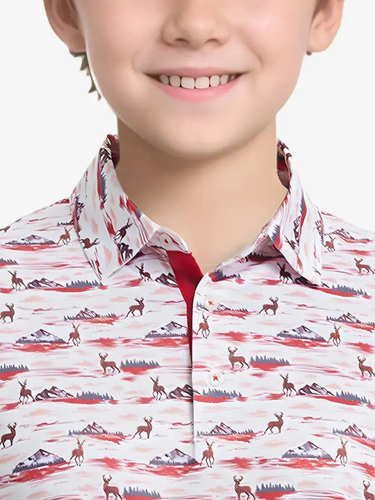 Front chest view of SUNSET ELK Performance Print Boys Golf Polo with warm, nature-inspired tones