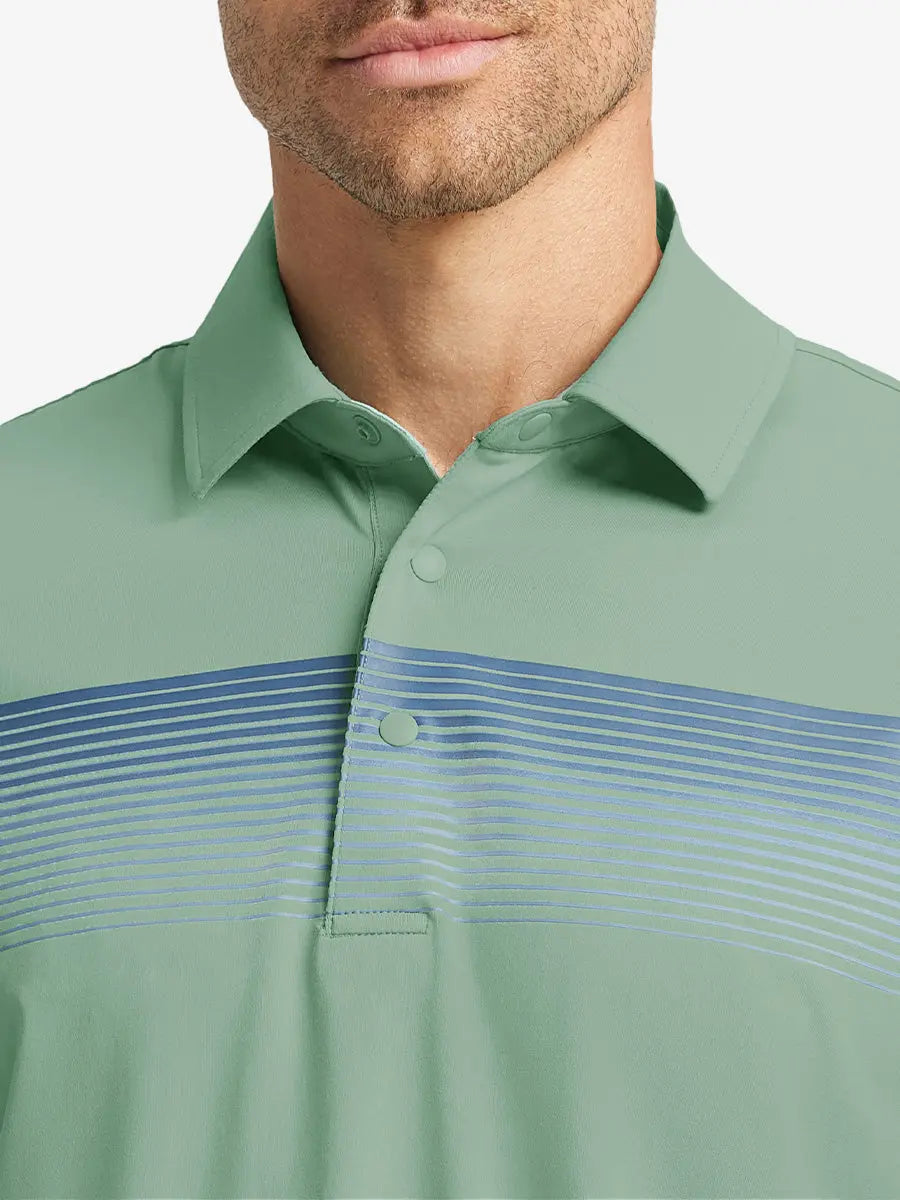 Front half-body view from nose to chest of model wearing BERYL GREEN Stylish Chest Print Snap Polo