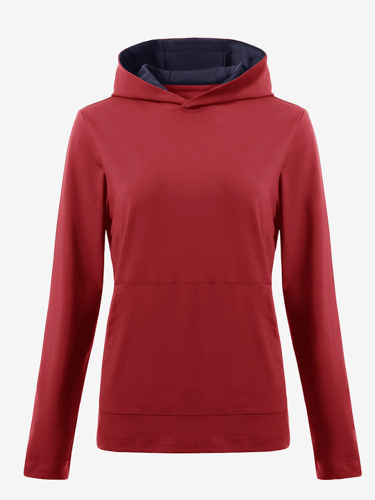 3D front view of women's lightweight hoodies pullover in red, showing clean and sporty look.