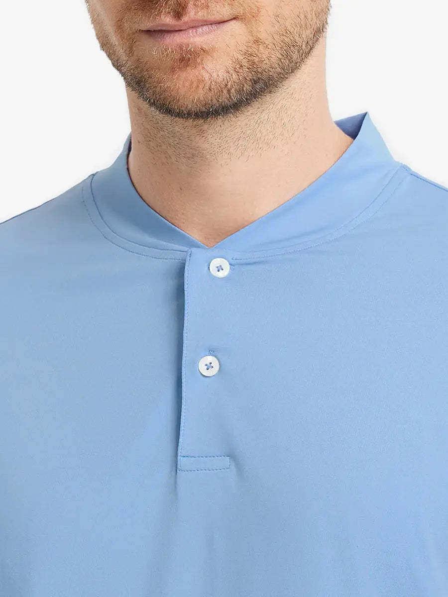 Front view from nose to chest wearing Everyday Collarless Jersey Shirt in LIGHT BLUE.