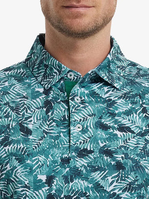 MAELREG Men's Performance Jersey Print Polo – Front chest view in Dark Green Leaf