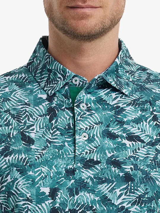 MAELREG Men's Performance Jersey Print Polo – Front chest view in Dark Green Leaf