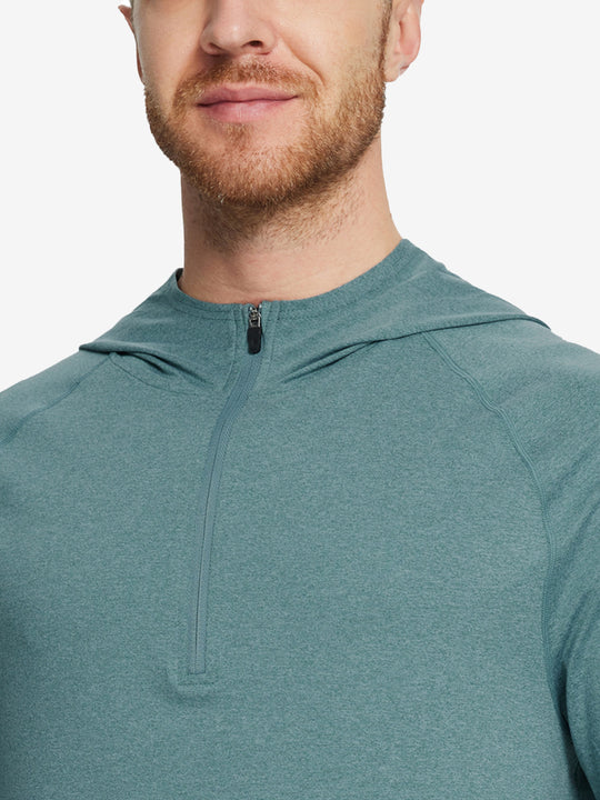 Close-up of collar detail from nose to chest, highlighting fabric and stitching of Aqua Heather hoodie.