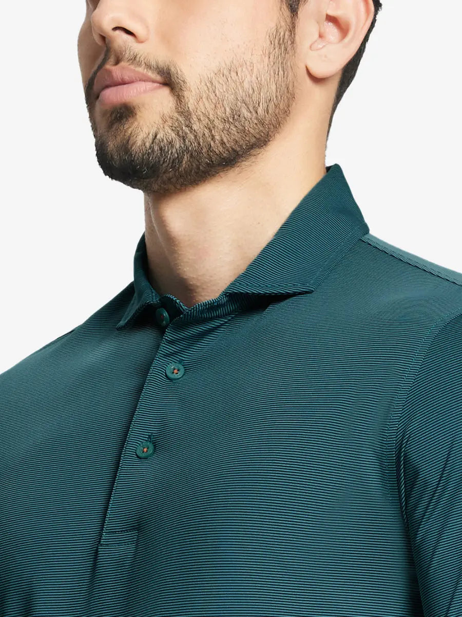 TURQUOISE STRIPE Pinstripe Jersey Performance Polo front view from nose to chest								

