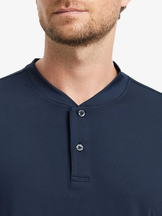 Front view from nose to chest wearing Everyday Collarless Jersey Shirt in NAVY.