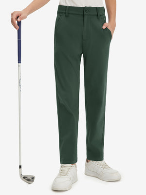 Boys Stretch Fleece Lined Casual Golf Pants in forest green, front lower body view with golf club
