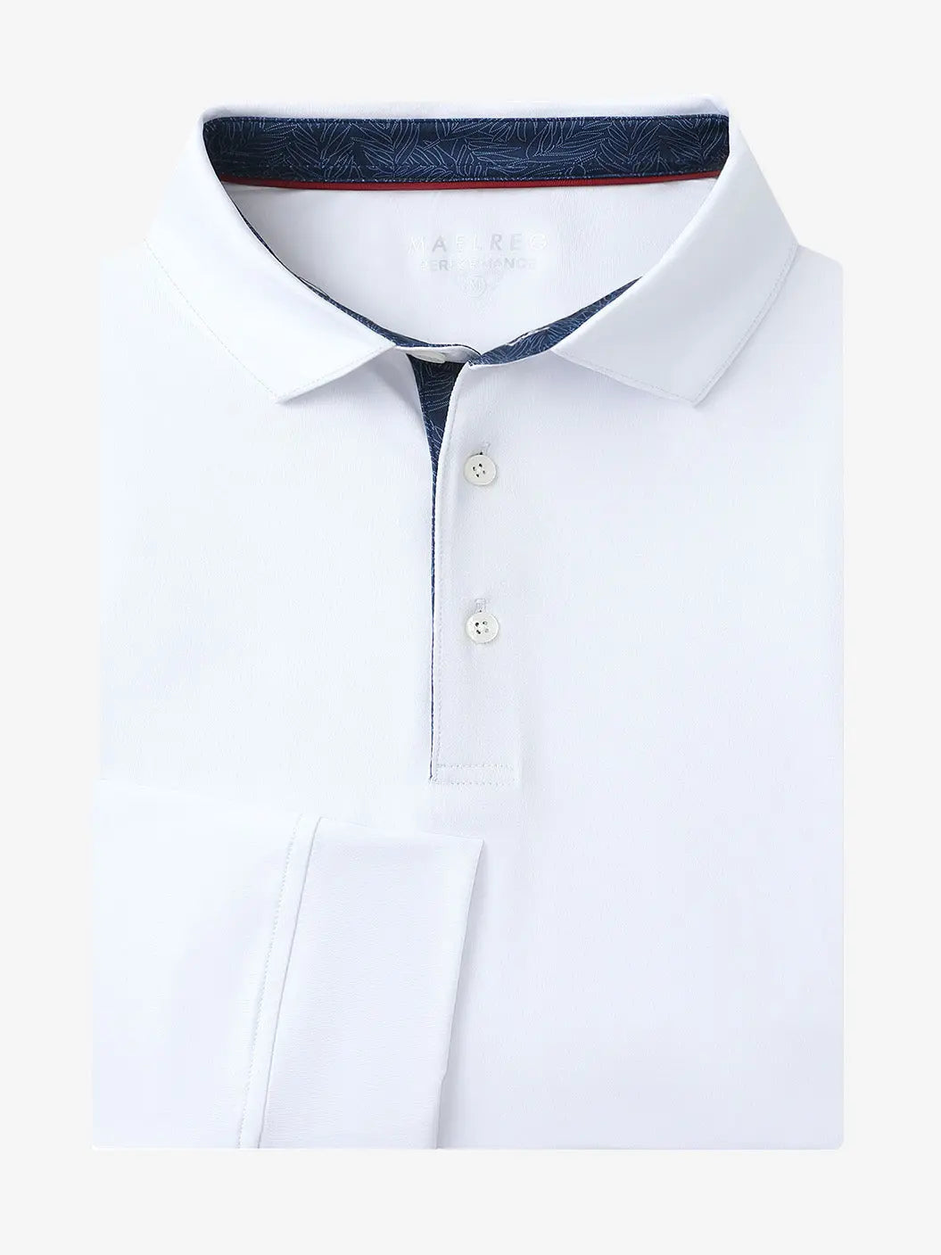 Folded view of WHITE Long Sleeve Solid Jersey Polo showing fabric texture and neat folds