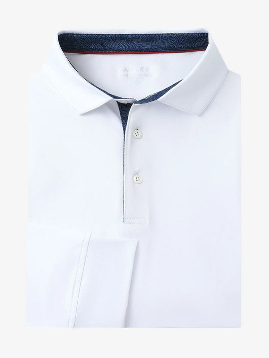 Folded view of WHITE Long Sleeve Solid Jersey Polo showing fabric texture and neat folds