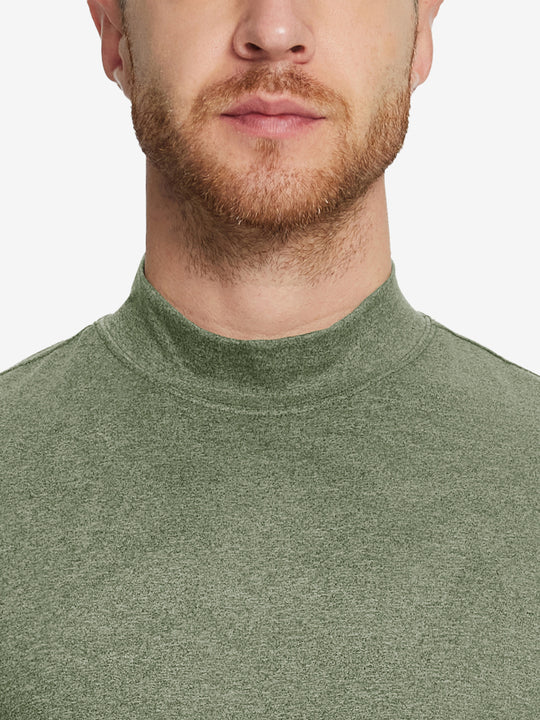 Close-up collar view from nose to chest, showing fine fabric texture of the Olive Green Heather turtleneck.